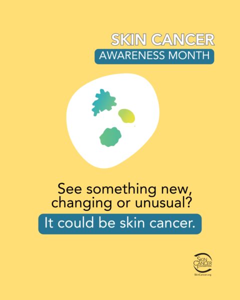 Skin Cancer Awareness Month poster with text and graphics warning about skin cancer.
